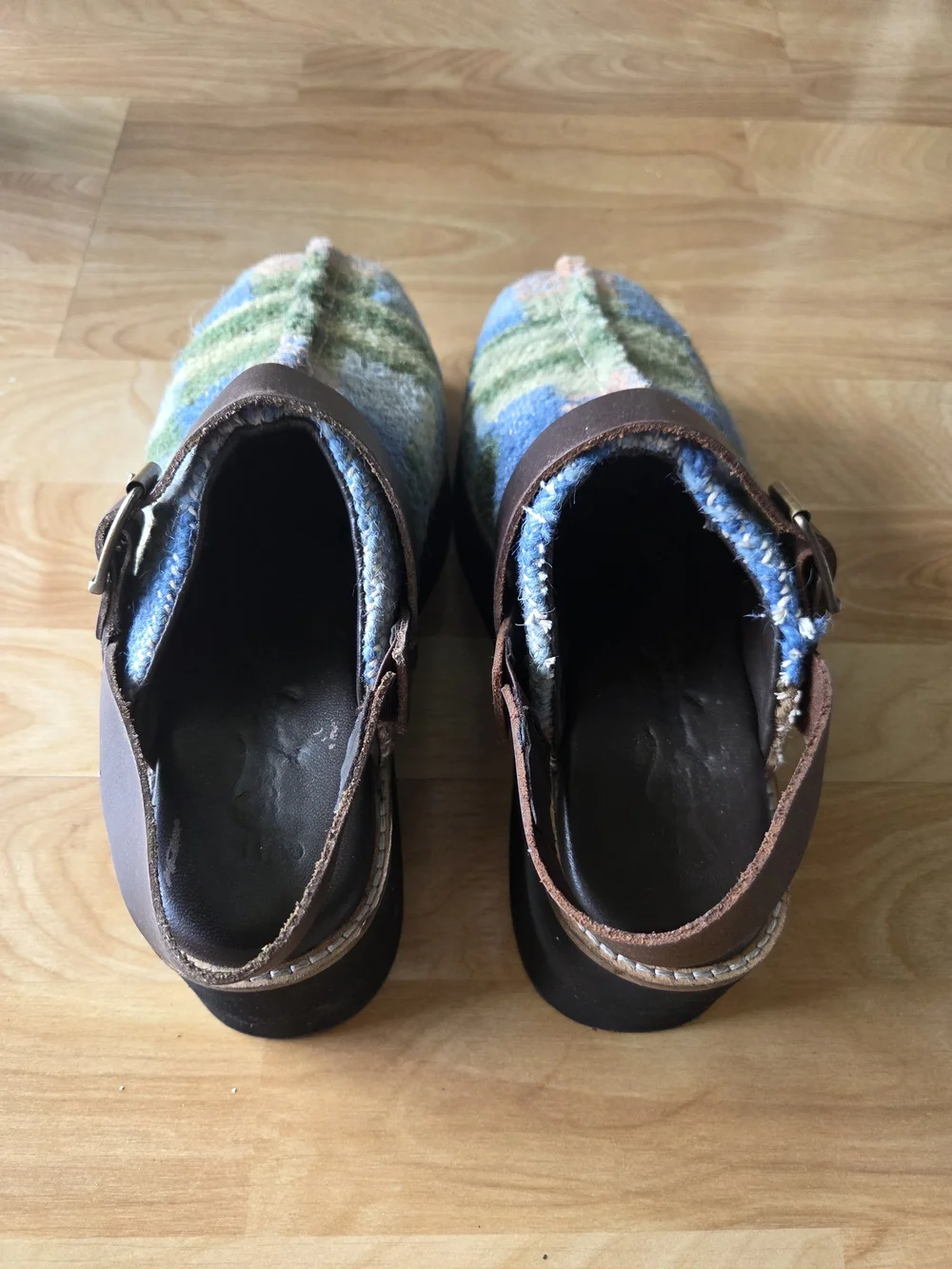 Free People Blue & Green Patterned Platform Clogs with Brown Leather Strap